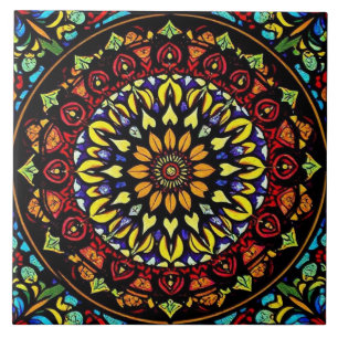Azulejo Pintura de Mandala con flores de vidrio lacado col