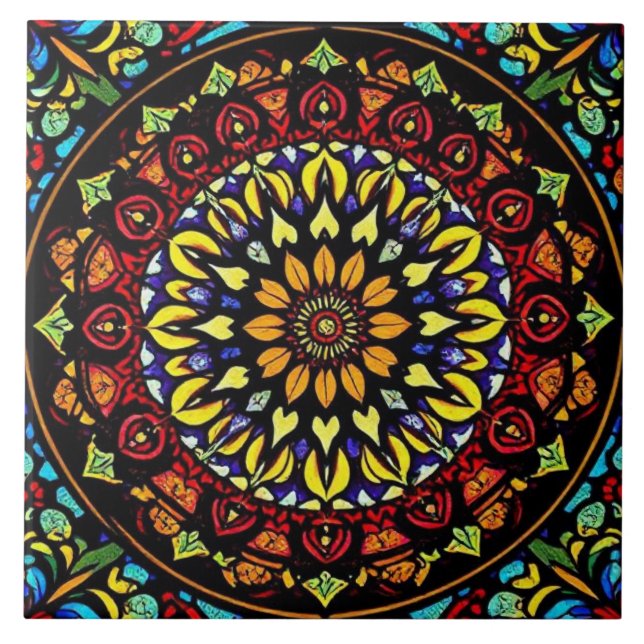 Azulejo Pintura de Mandala con flores de vidrio lacado col (Frente)