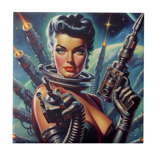 Azulejo Pintura de mujer de ciencia ficción retro (Frente)