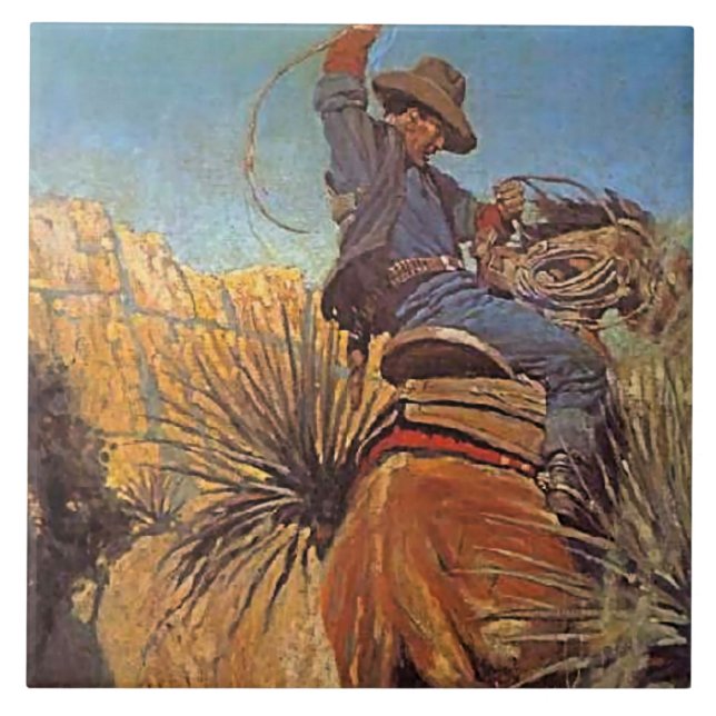 Azulejo Pintura de NC Wyeth "Caballo saltando de una serpi (Frente)