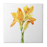 Azulejo Pintura de oro de la acuarela de la flor de Canna<br><div class="desc">Ésta es una pintura de la acuarela de un Canna de oro (también conocido como Canna Flaccida). Es una flor amarilla con las marcas anaranjadas en los pétalos.</div>