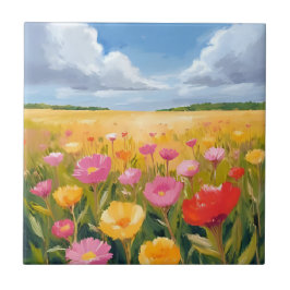 Azulejo Pintura de paisaje de campo de flores acuarela