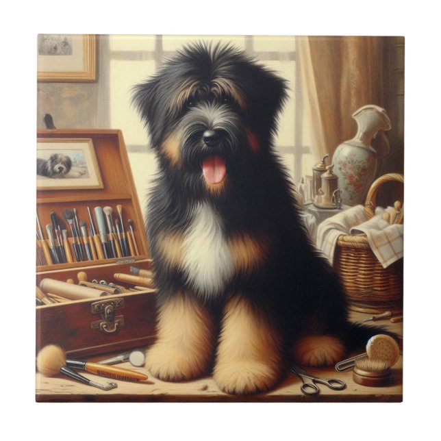 Azulejo Pintura de perro de Briard (Frente)