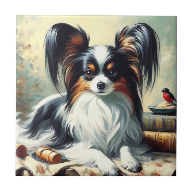 Azulejo Pintura de perro de Papillon de época (Frente)