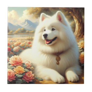 Azulejo Pintura de perro de Samoyed de época