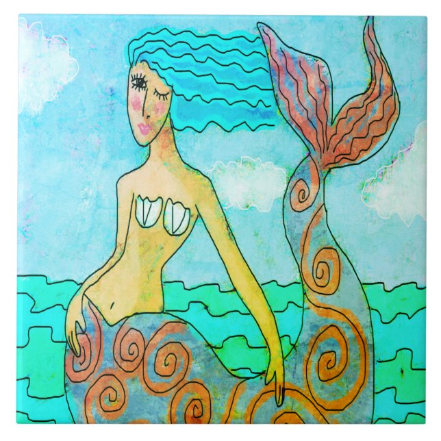 Azulejo Pintura de sirena colorida abstracta (Frente)