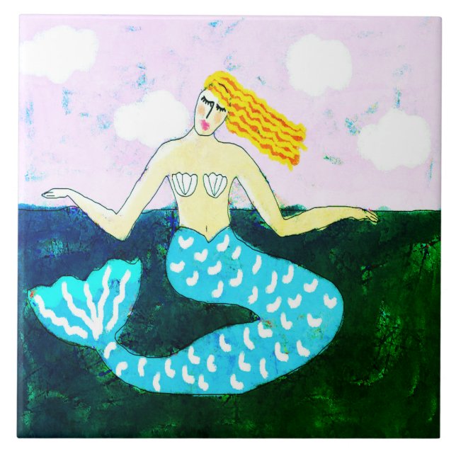 Azulejo Pintura de sirena del mar azul profundo (Frente)