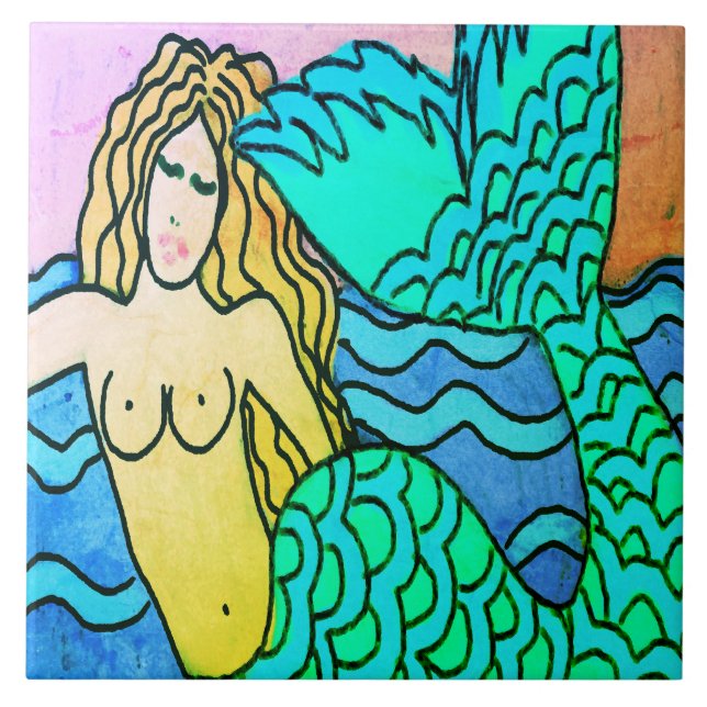 Azulejo Pintura de sirena en el mar azul profundo (Frente)
