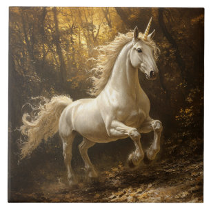 Azulejo Pintura de unicornio corriendo por el bosque