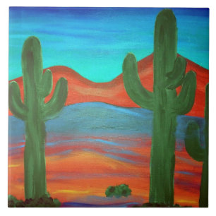 Azulejo Pintura del atardecer del saguaro del suroeste