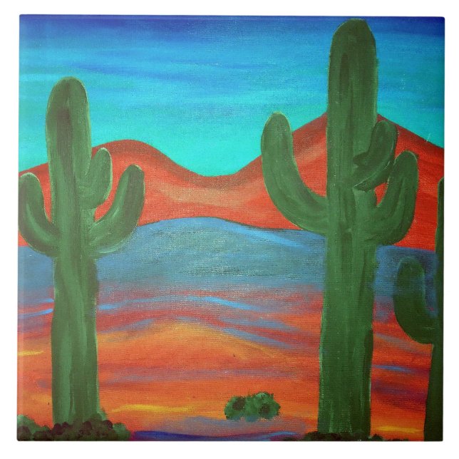 Azulejo Pintura del atardecer del suroeste de Saguaro (Frente)
