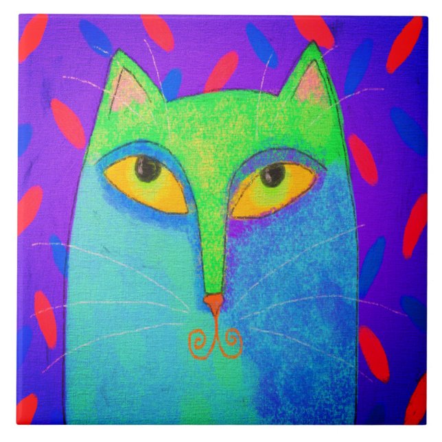 Azulejo Pintura digital de gatos abstracta colorida (Frente)