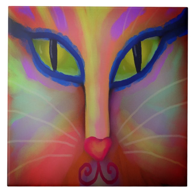Azulejo Pintura digital de la cara del gato abstracta colo (Frente)