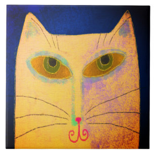 Azulejo Pintura digital de resumen de gato amarillo