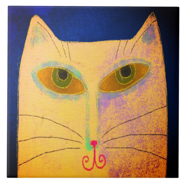 Azulejo Pintura digital de resumen de gato amarillo (Frente)