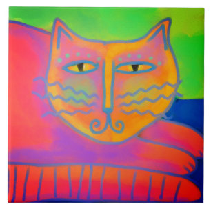 Azulejo Pintura digital de resumen de gato rosa caliente