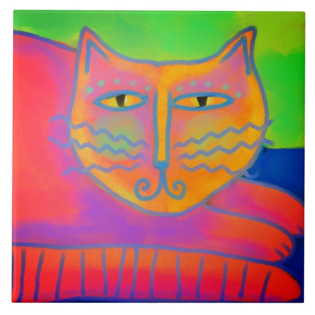 Azulejo Pintura digital de resumen de gato rosa caliente (Frente)