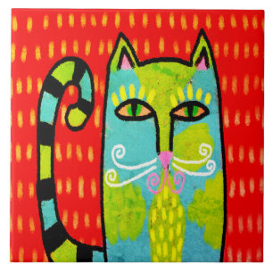 Azulejo Pintura digital de resumen de gato verde azul