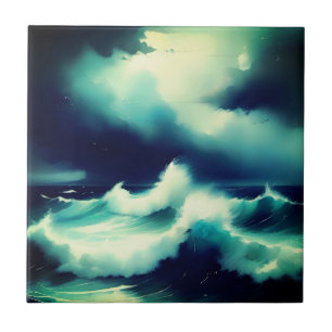 Azulejo Pintura en acuarela de olas del océano azul bonito