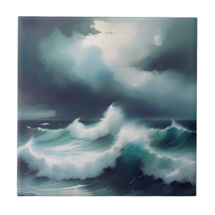 Azulejo Pintura en acuarela de olas del Océano Azul gris b