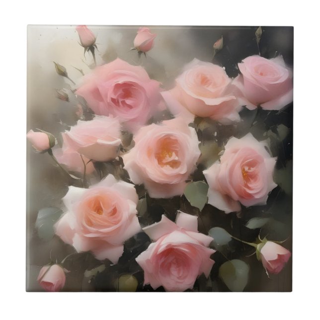 Azulejo Pintura en acuarela de rosas rosadas bonitas (Frente)