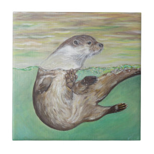 Azulejo Pintura juguetona de la nutria de río