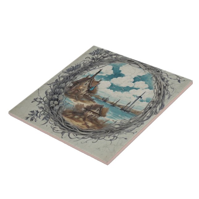 Azulejo Pintura náutica de aceite para los paisajes marino (Lado)