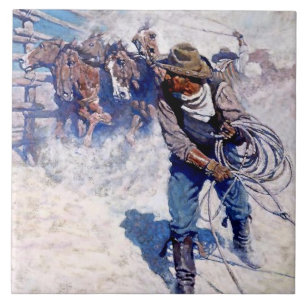 Azulejo Pintura occidental de N C Wyeth “Ropeando caballos