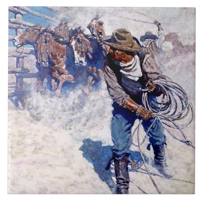 Azulejo Pintura occidental de N C Wyeth “Ropeando caballos (Frente)