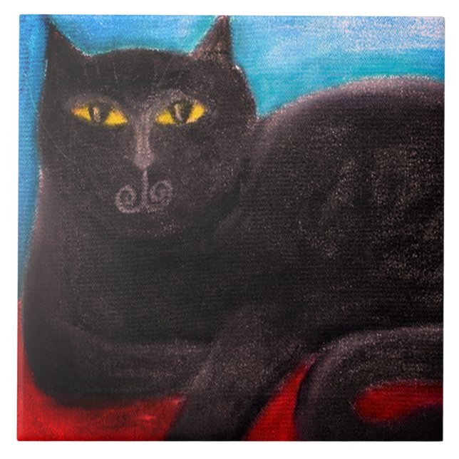 Azulejo Pintura Pastel de Gato Negro Resumen (Frente)