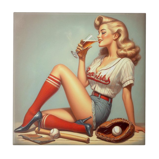 Azulejo Pintura retro de Chica de béisbol (Frente)