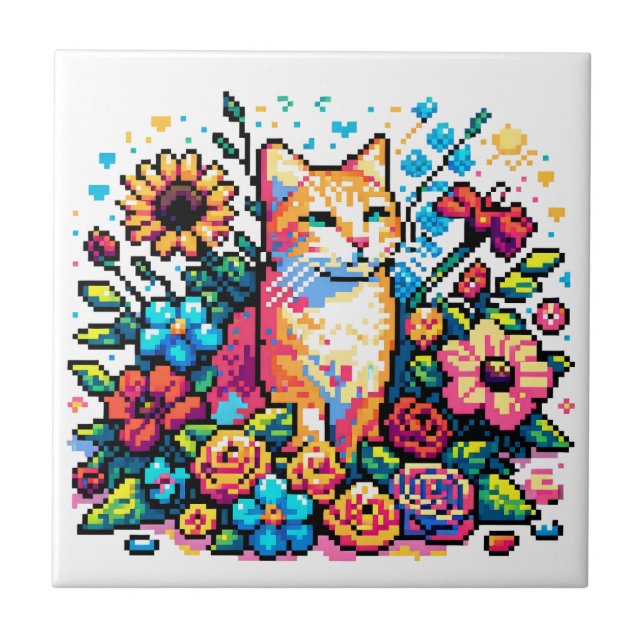 Azulejo Pixel Art | Sentado en flores de gato (Frente)