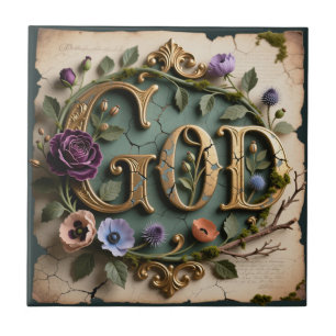 Azulejo Placa Antigua Floral Dorada con Letra GOD