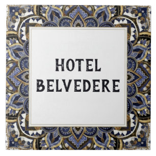 Azulejo Placa de nombre de casa o hotel azul dorado elegan