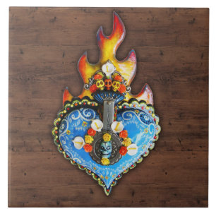 Azulejo Placa Ornate Sacred Flaming Heart Wall