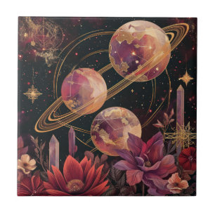 Azulejo Planeta Anillado Dorado Púrpura Jardín Celestial