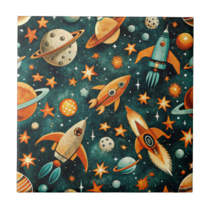Azulejo Planeta Naranja Teal Espacio Atómico de Mitad de S