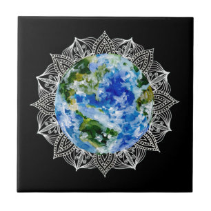 Azulejo Planeta Tierra Mandala Negro