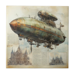 Azulejo Plano de Dirigible Antiguo Sepia Técnico