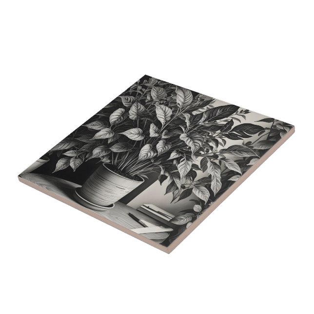 Azulejo Planta de cacerolas a escala de grises con hojas e (Lado)