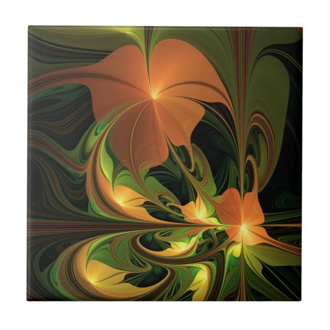 Azulejo Planta de fantasía Resumen Fractal Verde Rust Brow (Frente)