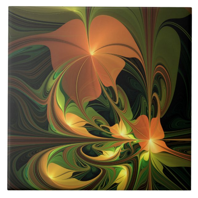 Azulejo Planta de fantasía Resumen Fractal Verde Rust Brow (Frente)