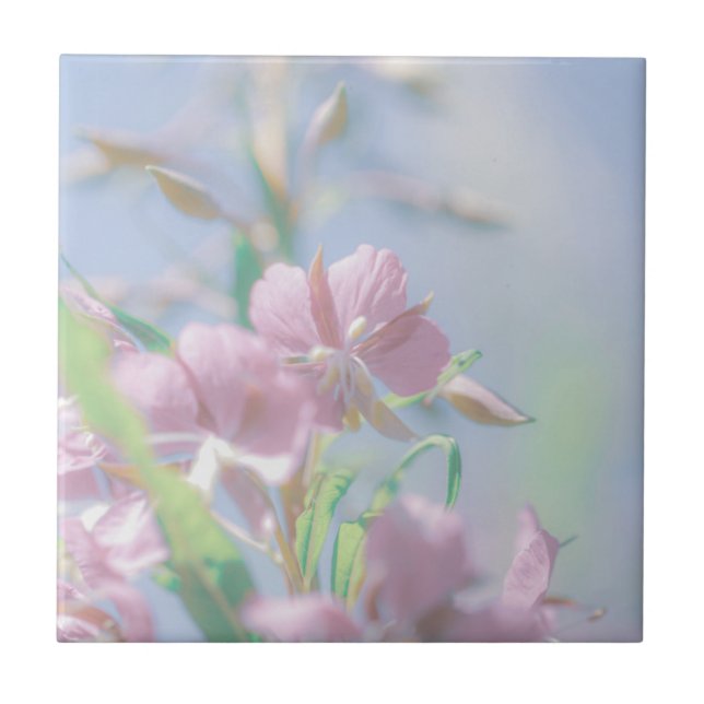 Azulejo Planta verde cielo azul deja flores moradas (Frente)