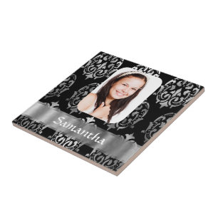 Azulejo Plantilla de foto de damasco personalizado gris pl