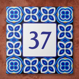 Azulejo Plaque numero mediterráneo blanco y azul de la Cas
