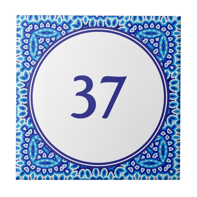 Azulejo Plaque numero mediterráneo blanco y azul de la Cas (Frente)