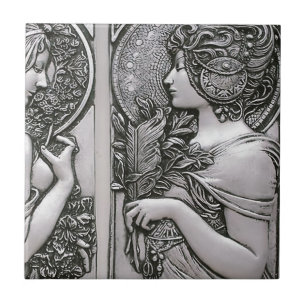 Azulejo Plata, Art Nouveau, diseño, hembras, Mucha, Beaut