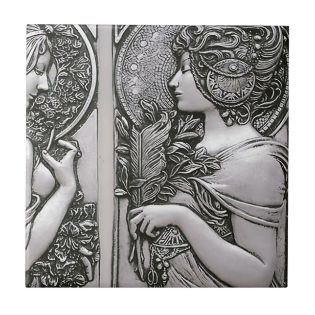 Azulejo Plata, Art Nouveau, diseño, hembras, Mucha, Beauti (Frente)