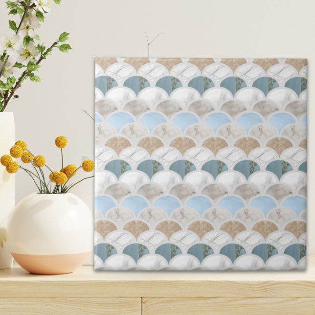 Azulejo playa aquagana azul mármol blanco escalas de siren (beach aqua blue white marble pastel mermaid scales ceramic tile)