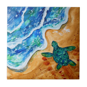 Azulejo Playa con tortuga verde y olas del océano azul